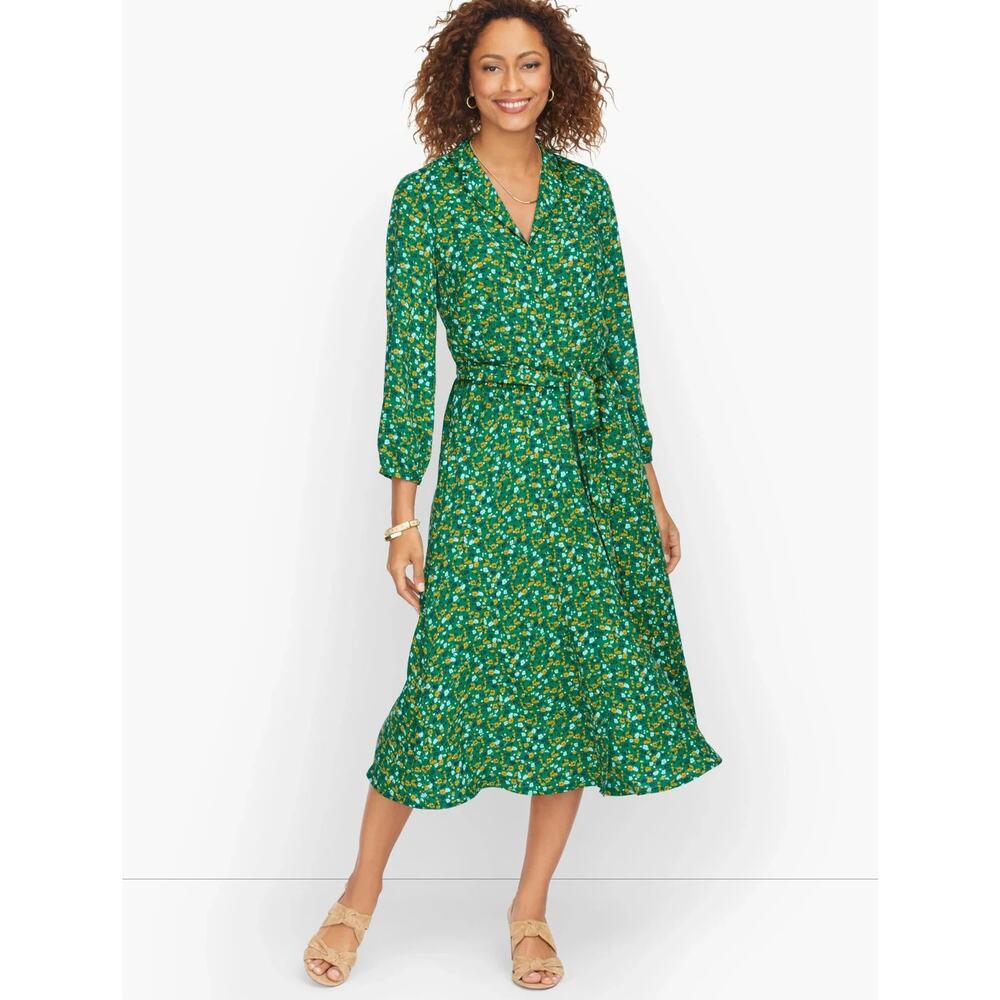 Talbots Shirt Dress Green Yellow Belted Pockets Ditsy Floral Midi Cottagecore 6